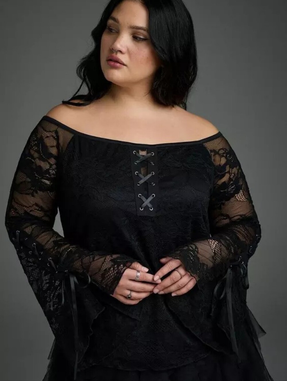Nightfall Off-Shoulder Bell Sleeve Lace Top, Plus Size 2X